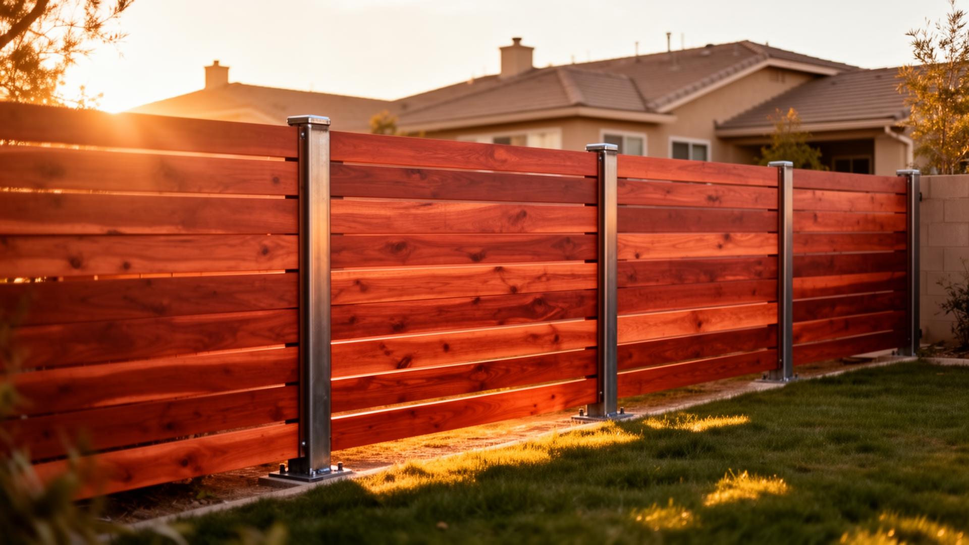 Custom redwood fence at golden hour
